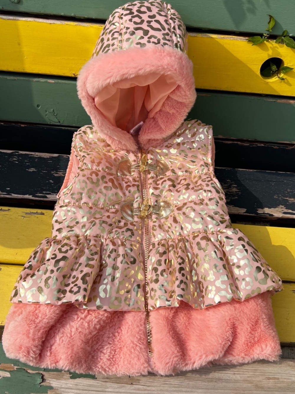 Little Lass 4T zip-up gold leopard-print pink puffer vest with lined hood